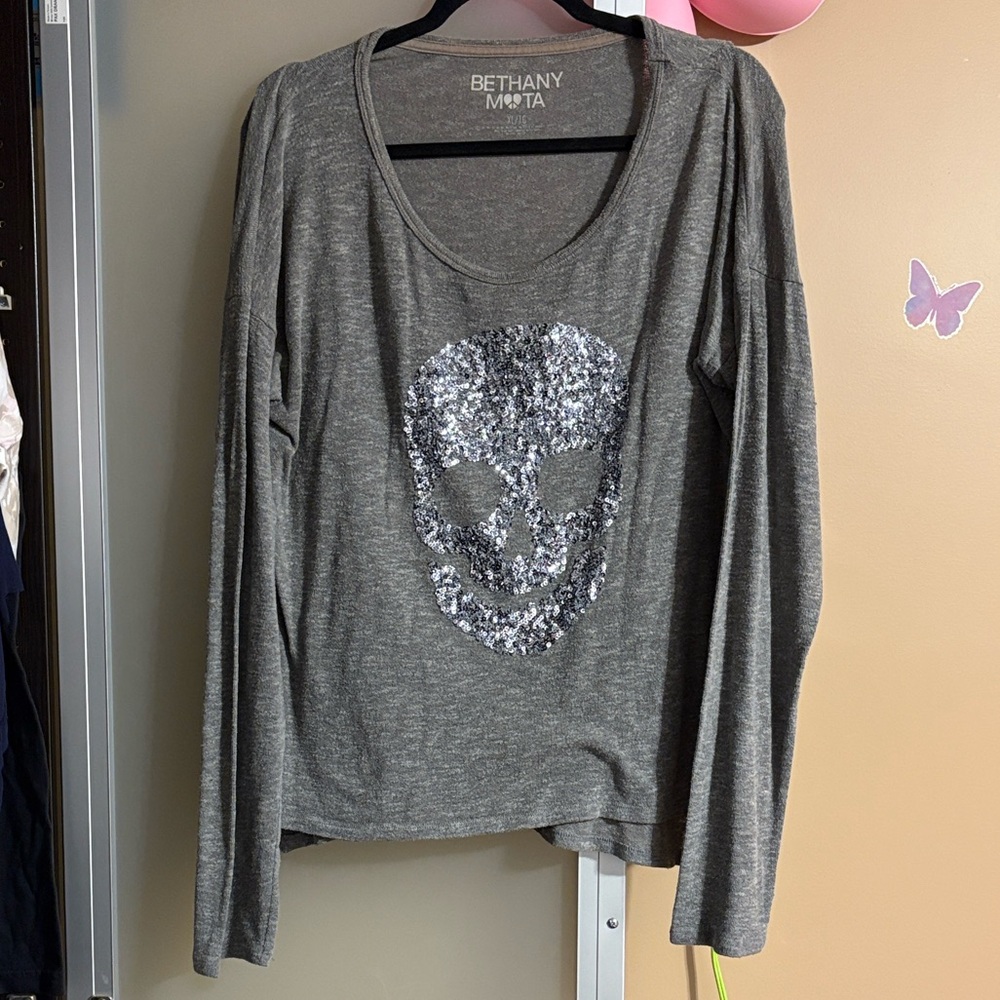 Bethany Mota Gray Sequin Skull Top